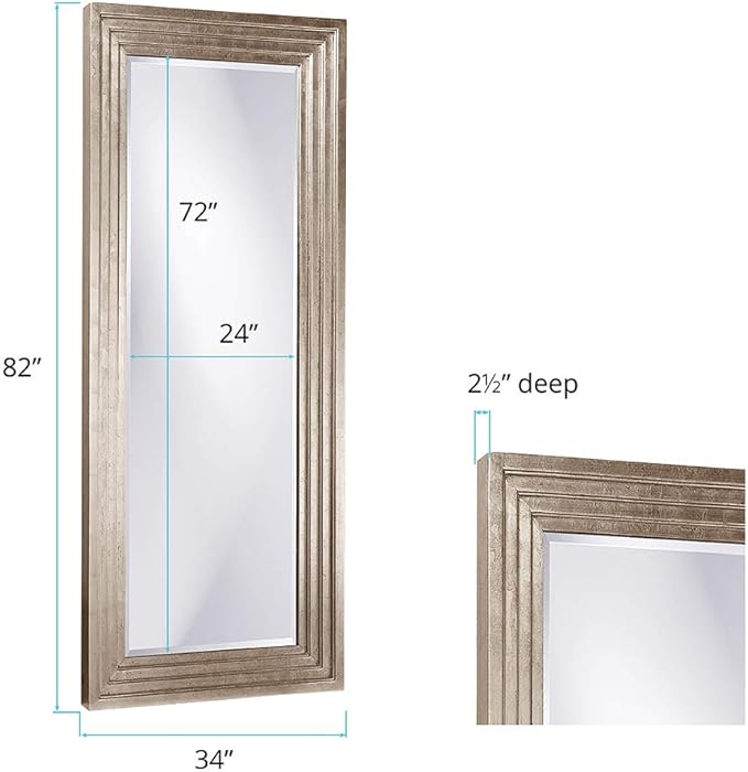 Howard Elliott Bright Silver Leaf Tall Delano Mirror, Large Self Standing Full Length Rectangular Mirror with Stepped Levels, 34 x 82 Inch