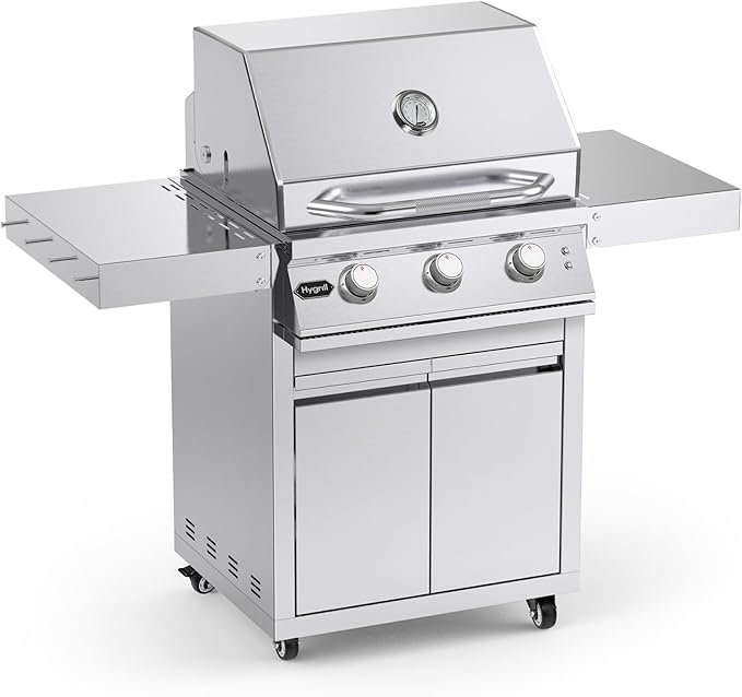 Stainless Steel Grill Cart for Hygrill 3-Burner Built-In Gas Grill, Outdoor Kitchen Island with Foldable Side Shelves and Storage Cabinet