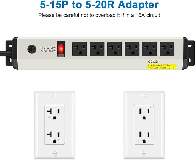 CCCEI 12 Gauge Heavy Duty Power Strip Surge Protector 4800J, 20 Amp 6 Plug Industrial Shop Garage Metal Multiple Outlets, 10 FT Extension Cord 5-15P Adapter High Amp 6-20R T-Slot 20a for Appliance.