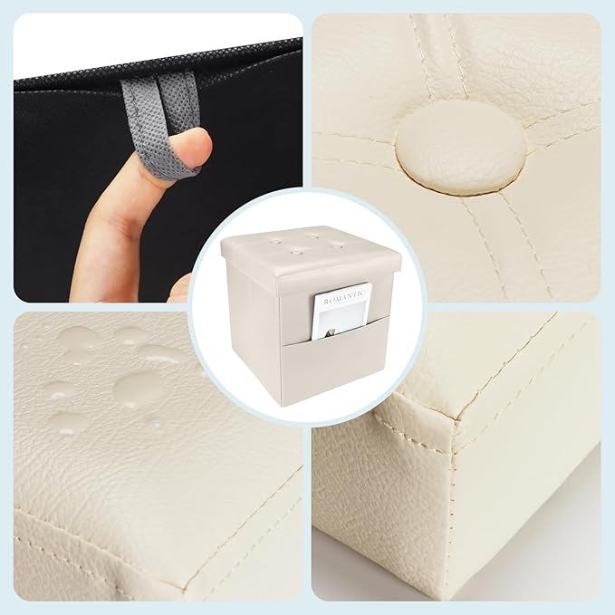 Storage Ottoman Foot Rest Stool, Small Leather Storage Ottomans Bench, Folding Footstool with Side Pockets, Foot Rest Under Desk for Living Room Bedroom, 15x15x15 in, Beige