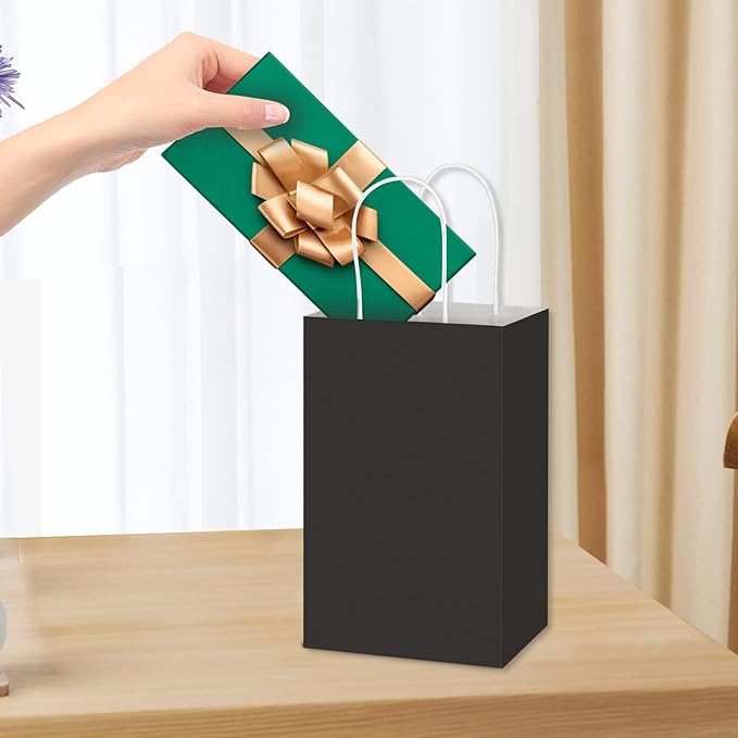 Toovip 100 Pack 5.25x3.25x8.25 Inch Small Black Kraft Paper Bags with Handles Bulk, Gift Wrap Bags for Favor Grocery Retail Party Birthday Shopping Business Goody Craft Merchandise Take Out Cub Sacks