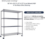60"x24"x72" PRIME HEAVY DUTY Black 4-Tier Wire Shelving NSF 2400 LBS MAX Capacity Storage Rack for Commercial, School, Home, Garage, Warehouse, Industrial, and Hospital Uses (with Wheels)