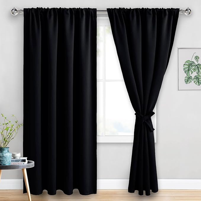 JIUZHEN Blackout Curtains for Bedroom - Thermal Insulated Room Darkening Rod Pocket Curtains for Living Room, Set of 2 Panels with Tiebacks, 70 x 96 Inch Length, Black