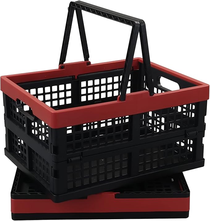 Idomy Pack of 2 Collapsible Storage Crates with Handles, Plastic Grocery Shopping Baskets