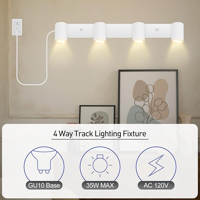 BoostArea LED Track Lighting Ceiling Fixtures, White 4-Light Plug in Track Lights for Kitchen, 4 Way Ceiling Spotlight, 15 FT Cord,Flexibly Rotatable Wall Mount Light Head for Bedroom Hallway