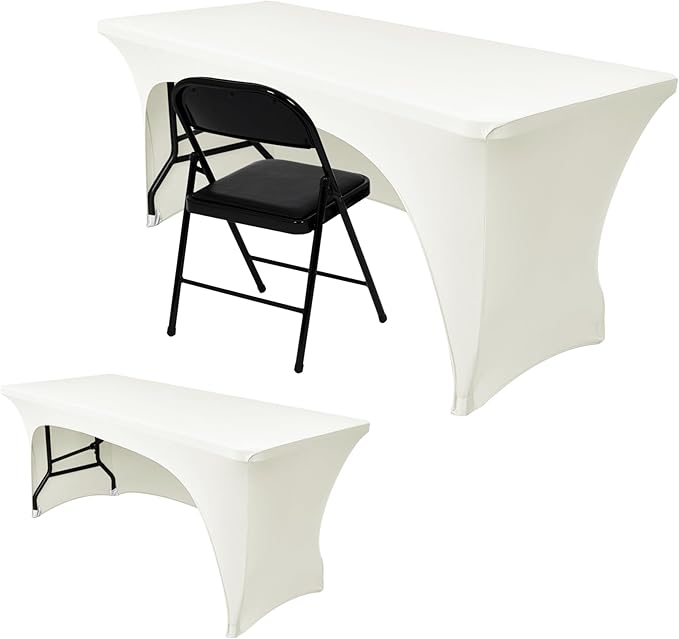 Nasitos 2 Pack 8 ft Ivory Table Cover Rectangle Table-Open Back Spandex Stretch Tablecloths Fitted Washable Fabric Wrinkle-Free, Trade Show Tablecloth for Parties, Birthday, Craft Show, Banquet