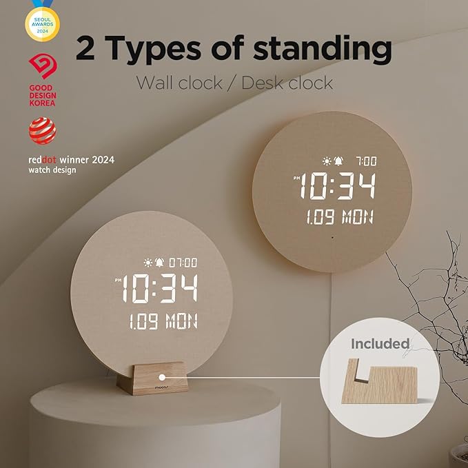 mooas Full Moon LED Silent Wooden Digital Wall Clock with Remote Control, Backlight Nightlight Digital Wood Wall Clock, Sunrise Alarm Melody, 5 Level Brightness Modern Decorative Office Livingroom