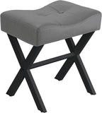 18-Inch Leather Vanity Stool Chair, Vanity Bench with Metal X-Leg, Ottoman Accent Stool with Thick Padded Saddle Seat, Gray