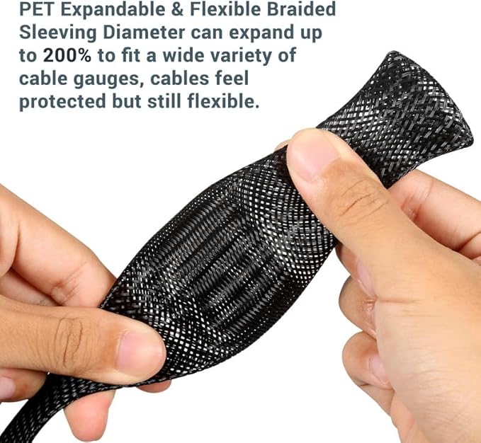 25Ft-1/4inch PET Expandable Braided Wire Sleeving,Wire Loom Cable Sleeve for TV,Computer,Home Theater,Automotive,Home Industrial,Electrical Wires,Chemical,Protect Cat from Chewing Cords,Black