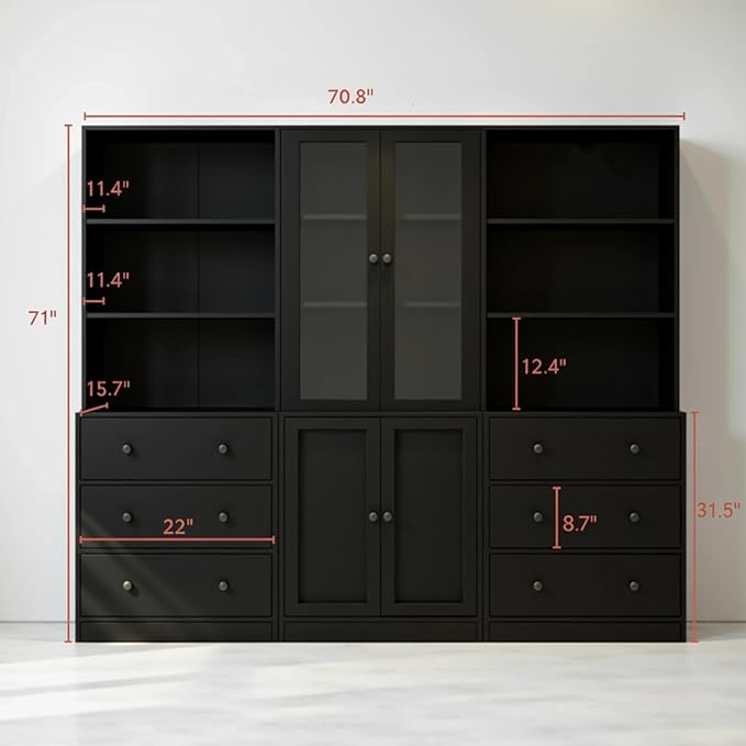 TUSY 71" H Bookshelf Bookcase with Doors, 3-Tier Modern Bookshelves with 3 Large Drawer, Display Bookcase with Glass Doors, Modern 5-Tier Curio Cabinet for Home Office, Dining Room (Black, ABA)
