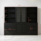 TUSY 71" H Bookshelf Bookcase with Doors, 3-Tier Modern Bookshelves with 3 Large Drawer, Display Bookcase with Glass Doors, Modern 5-Tier Curio Cabinet for Home Office, Dining Room (Black, ABA)