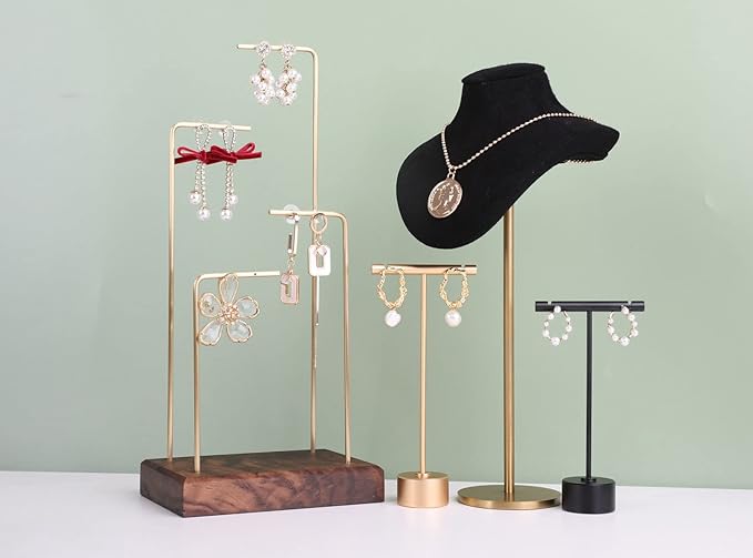 GemeShou Gold Metal Single Pair T Bar Earring Retail Display Stand for show, Tabletop Jewelry Tower Holder for Girl Women【Gold-Round Base Height 5.3"】