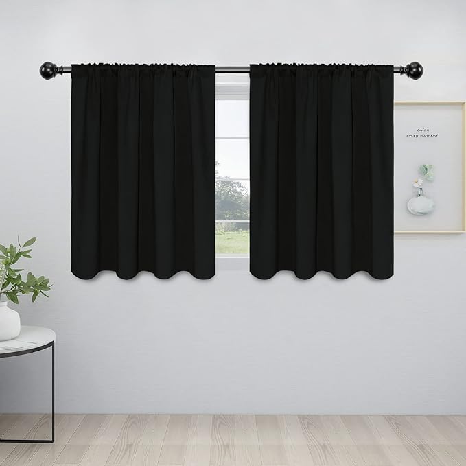 Easy-Going Rod Pocket Blackout Curtains for Bedroom, Room Darkening Window Curtains for Living Room, Thermal Insulated Noise Reduction Solid Window Drapes, 2 Panels(42x36 in, Black)