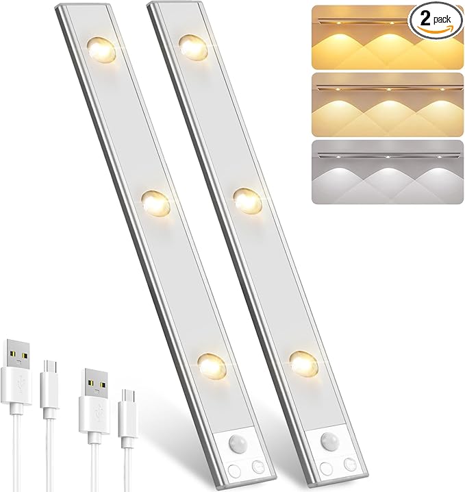 Pak Under Cabinet Lights, Rechargeable Motion Sensor Light Indoor, Wireless and 3-Color Dimmable with Cat’s Eye Hill Effect, for Display Cabinets, Showcases, Wine Racks, 2 Pack, Silver