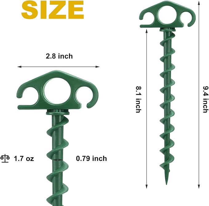 Tent Stakes Ground Anchors Screw in, 6 Pack Sand Stakes for Beach 9.4 Inch Heavy Duty Spiral Tent Pegs for Camping, Party, Hiking, Outdoor Decoration (6, Green)