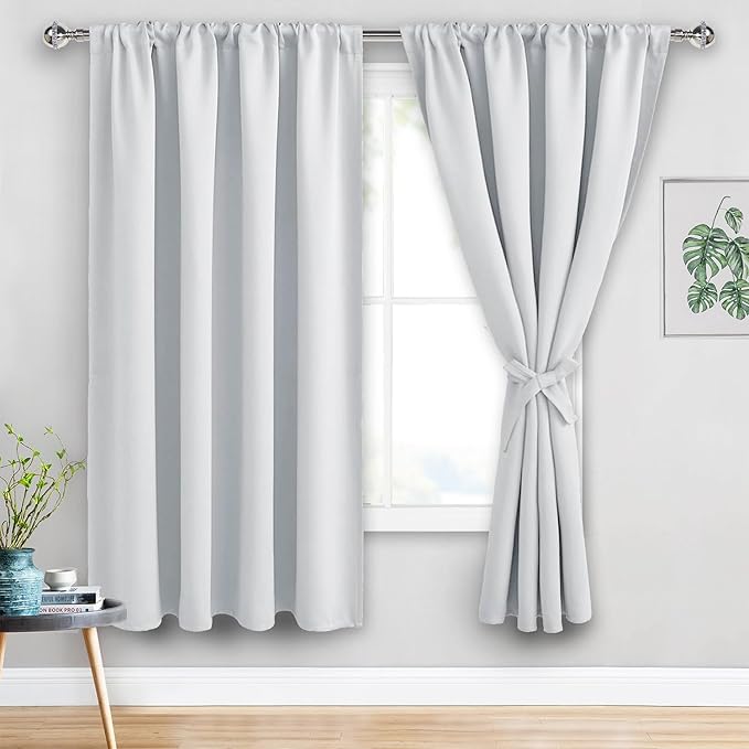 JIUZHEN Blackout Curtains for Bedroom - 60 Inch Wide Thermal Insulated Room Darkening Privacy Soundproof Curtains for Living Room, Set of 2 Panels with Tiebacks, 60 x 63 inches, Greyish White