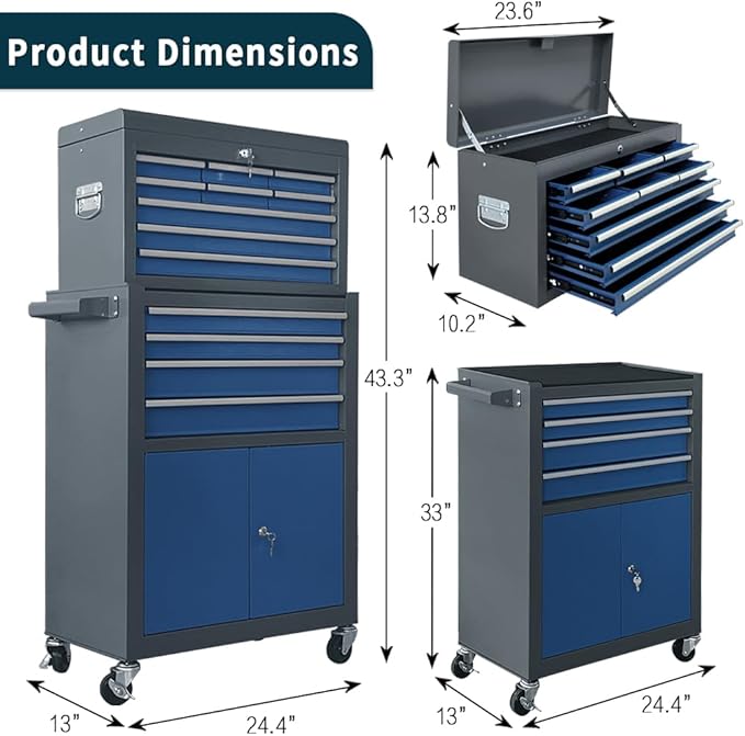 13-Drawer Rolling Tool Chest with Double Door, Extra Large Storage Cabinets with Tool Box, 2-in-1 Detachable Design, 600 lbs Capacity with Lockable Wheels for Garage, Mechanic & Home Use (Blue＆Grey)