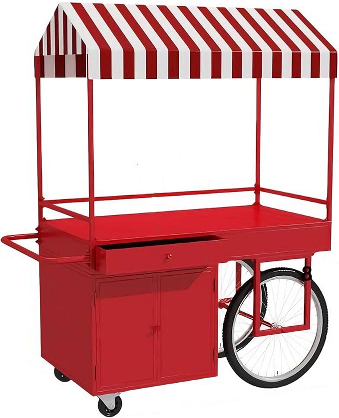Food Cart for Business with Striped Canopy, Mobile Display Stand with Storage Drawers, for Street Food, Farmers Markets, Outdoor Events (Red, 39.37 * 27.56 * 78.74in)