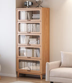 Solid Wood Book Case 5 Tier Bookcase with Tempered Clear Glass Flip-Up Doors Bookshelves Brown natural wood Bookshelf Versatile Pantry Cabinet with Storage Home Office (log color D14xW32xH72 inch)