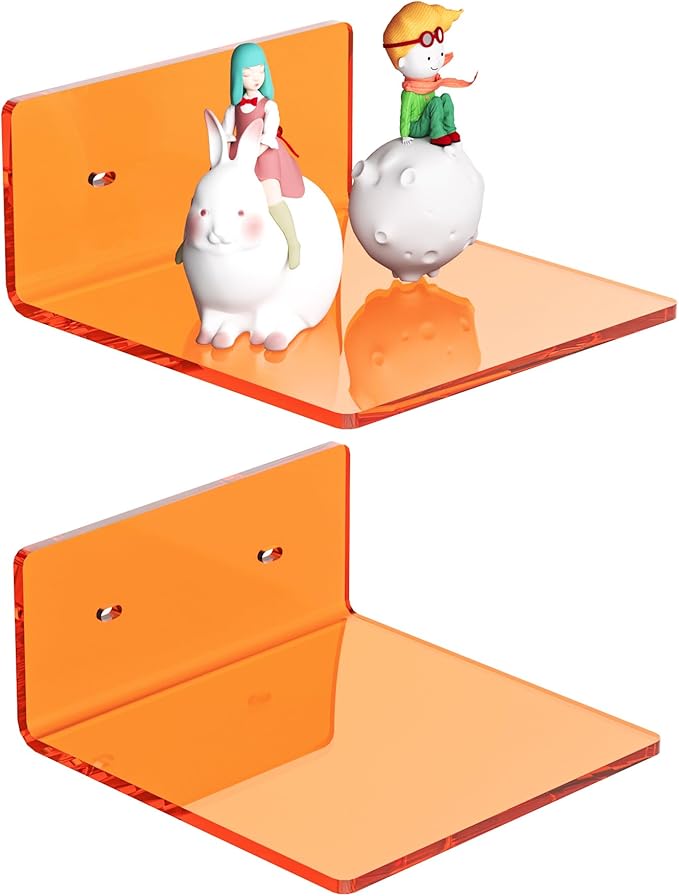 6 Inches Small Orange Wall Shelves Set of 2, Wall Mounted Display Shelf Rack for Bedroom, Living Room, Smart Speaker, Clock, Decoration, 2 Pack