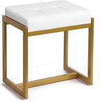 Faux Fur Vanity Stool Chair, Vanity Chair with Gold Metal Leg, Furry Soft Padded Makeup Footstools Seat Ottoman, Modern Chairs for Makeup, Bedroom, Square Small Stool Bench for Vanity White&Gold