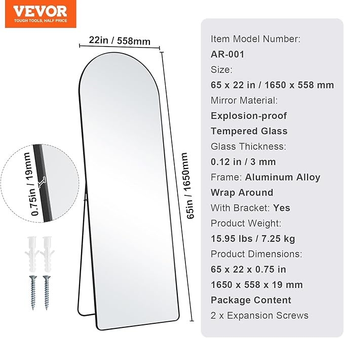 VEVOR Arched Full Length Mirror, 65'' x 22'', Large Free Standing Leaning Hanging Wall Mounted Floor Mirror with Stand Aluminum Alloy Frame, Full Body Dressing Mirror for Living Room Bedroom, Black