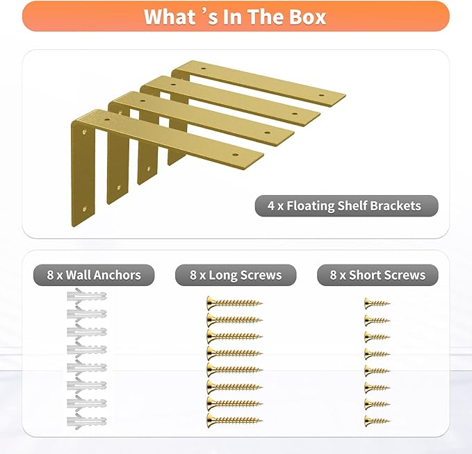 Gold Heavy Duty Shelf Brackets 8 Inch, Extra Thick L Shelving Brackets, Rustic Gold Iron Floating Shelves Wall Mounted with Hardware for DIY Open Shelving, 4 Pack