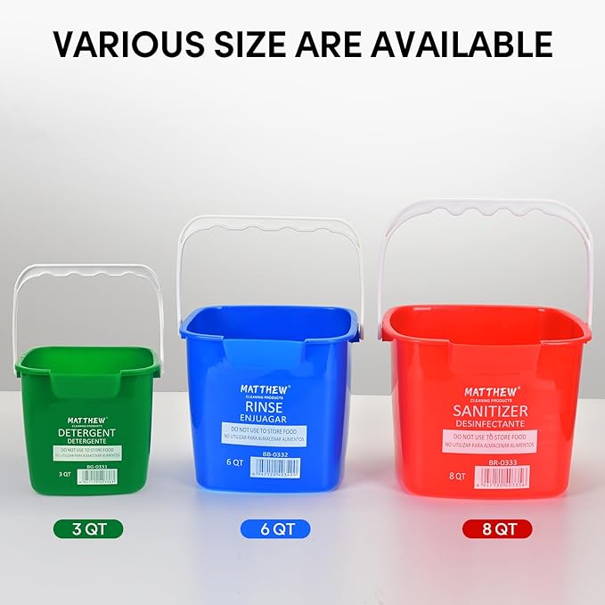 Matthew Red&Green&Blue Detergent and Sanitizing Cleaning Bucket 8 Quart Cleaning Pail,Set of 3 Square Containers,Built-In Spout w/Handle,Wash Rinse Sanitize Handwash Bucket,Incl.3Pcs Microfiber Cloths