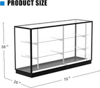70”D * 20”W * 38”H - Freestanding Retail LED Full Vision Glass Display Case, Black Aluminum Frame, Two Adjustable Height Tempered Glass Shelves