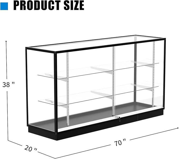 70”D * 20”W * 38”H - Freestanding Retail LED Full Vision Glass Display Case, Black Aluminum Frame, Two Adjustable Height Tempered Glass Shelves