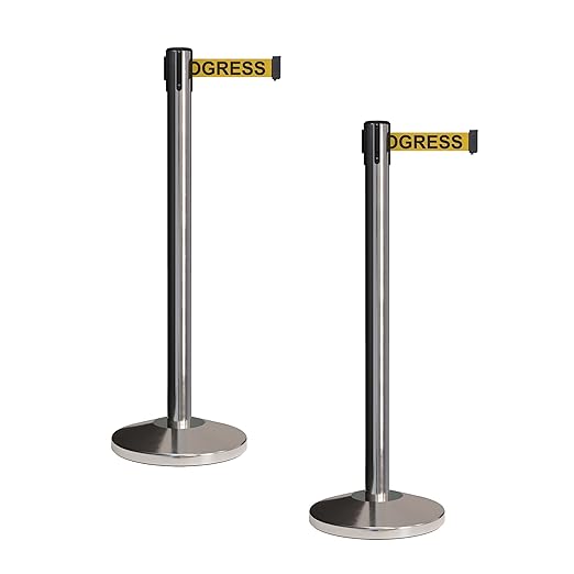 CCW Set of 2 Retractable Belt Barriers Stanchion, Polished Stainless Steel Post, RBB-100 (11 Foot Belt, Yellow"Cleaning in Progress" Black Letters Belt)