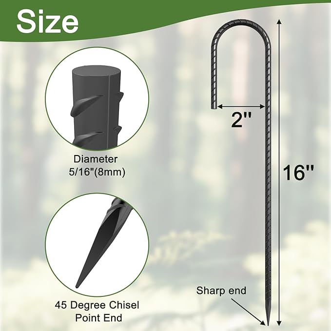 16 Inch J Hook Rebar Stakes 30 Pack, Heavy Duty 5/16 Inch Diameter Black E-Coated Steel Wind Resistant Ground Anchors for Trampoline, Bounce House, Dog Kennel, Chain Link Fence & Gazebo