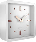 Driini Modern Mid Century Desk & Shelf Clock (White Rose Gold) - Battery Operated with Silent, Analog Movement – Small Tabletop Clocks for Office – Perfect for Mantle, End Table, Desktop or Nightstand