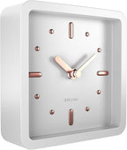 Driini Modern Mid Century Desk & Shelf Clock (White Rose Gold) - Battery Operated with Silent, Analog Movement – Small Tabletop Clocks for Office – Perfect for Mantle, End Table, Desktop or Nightstand