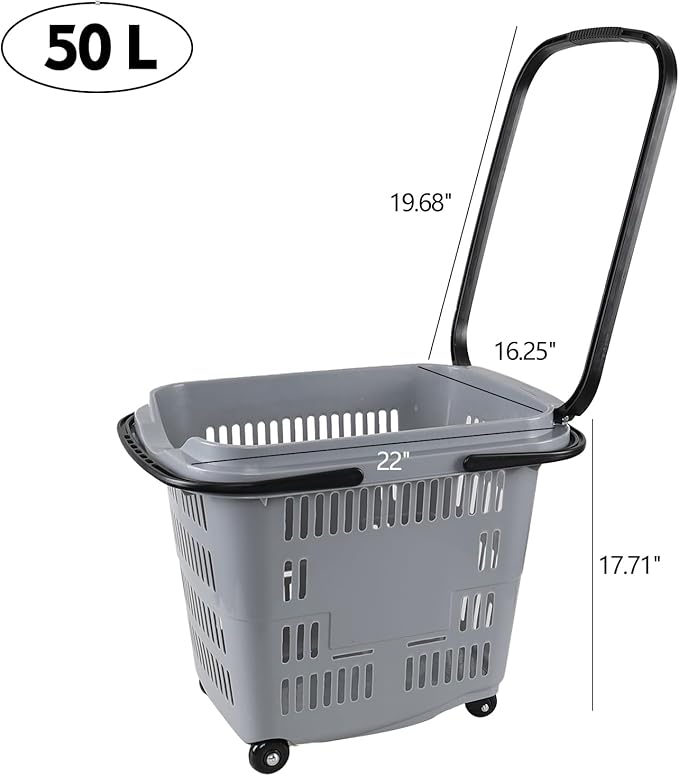 4 PCS Plastic Shopping Baskets with Wheels and Handles, 50 L Portable Rolling Shopping Basket Cart for Supermarkets and Retail Stores, Gray