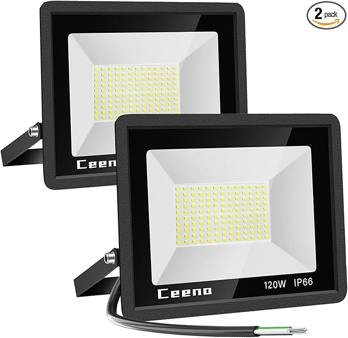 Ceena 2 Pack 120W Hardwired LED Flood Light Outdoor, 12000lm Super Bright Floodlight, IP66 Waterproof 6000K Daylight White Exterior Lights for Backyard, Workshop, Basketball Court