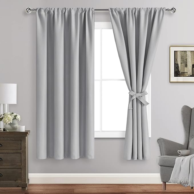 JIUZHEN Silver Grey Curtains for Bedroom - Thermal Insulated Blackout Curtains with Tiebacks 2 Panels, Room Darkening Rod Pocket Curtains for Living Room, 38 x 63 Inch Length