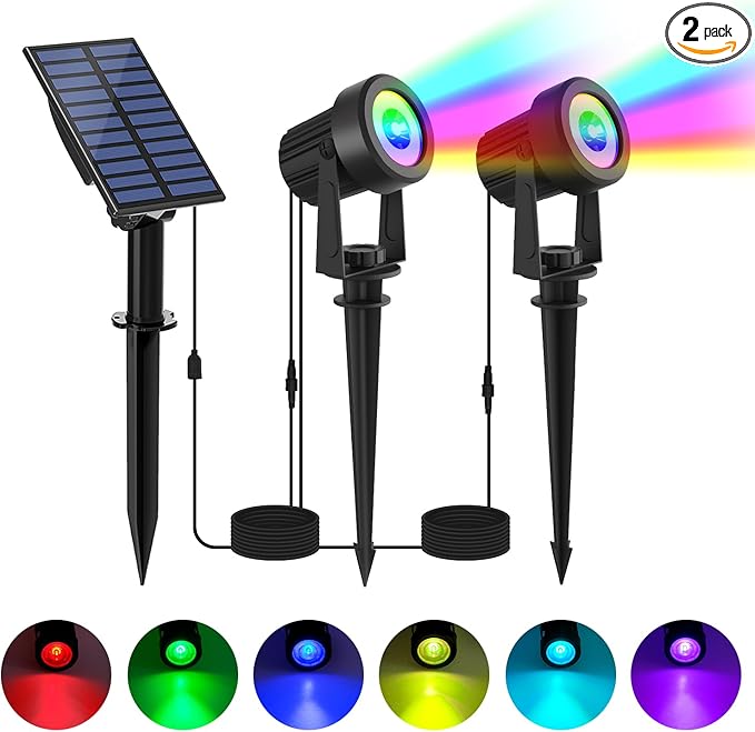Solar Spotlights Outdoor Waterproof, RGB Landscape Spotlights, Christmas Decorative Solar Spot Lighting for Garden, Yard, Pathway, Lawn, Poolside, Party, 2-in-1 Mounted (RGB, 2 Pack)