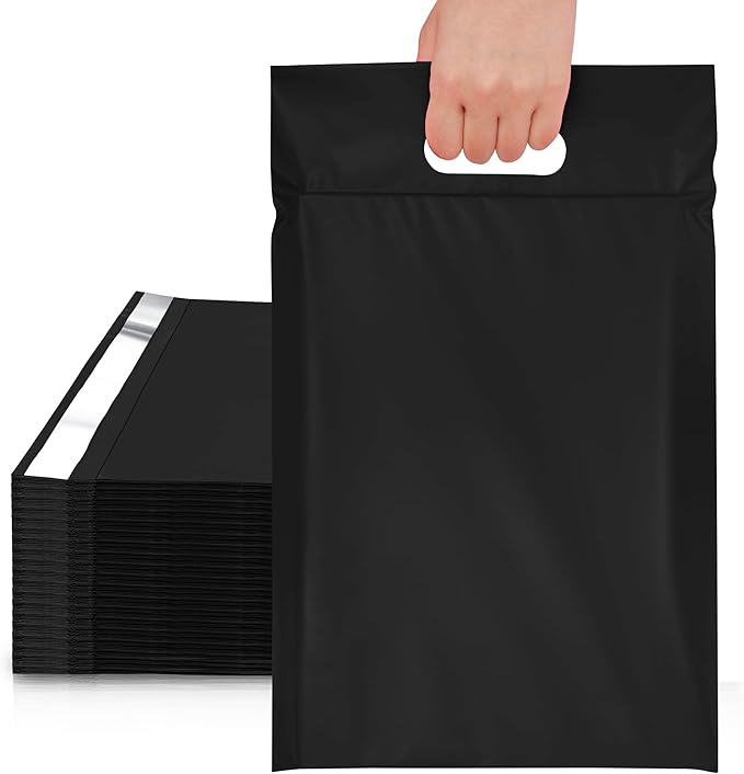 JinRuiKJ Poly Mailers with Handle 10x13 Inch 25 Pcs, Self Sealing Shipping Bags for Clothing, Easy to Carry Packaging Bags for Small Business - Pure Black
