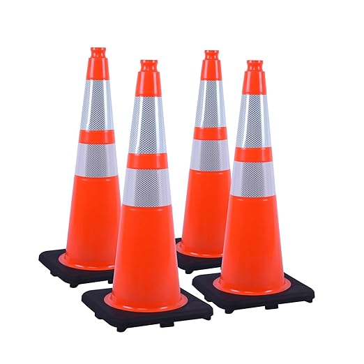 4 Pack 28 Inch Orange PVC Traffic Cones Black Base Stable Flexible, Road Safety Construction Zone Crowd Control Parking Safety Markers (4, Orange, 28 Inch)