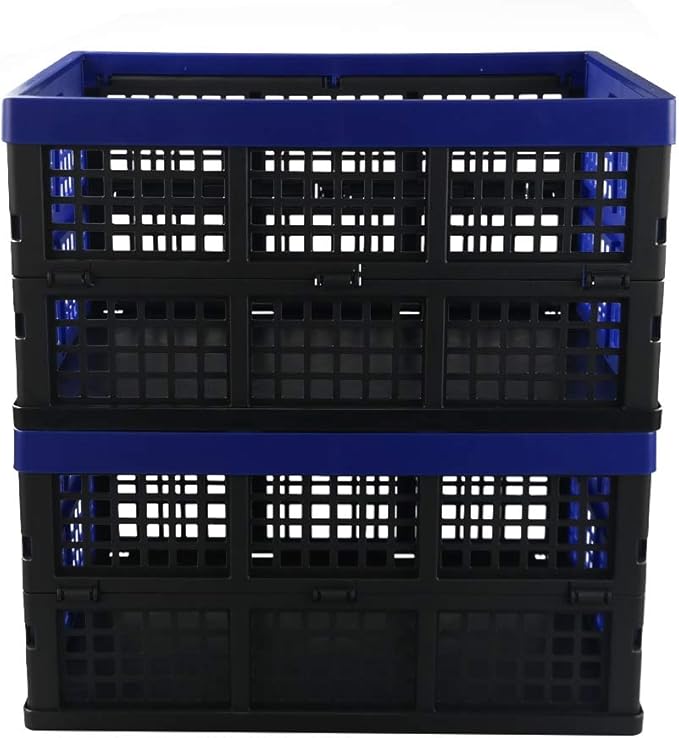 Hespapa 35 Quart Folding Crates, Blue Plastic Collapsible Storage Container Milk Crate Baskets, 2 Pack