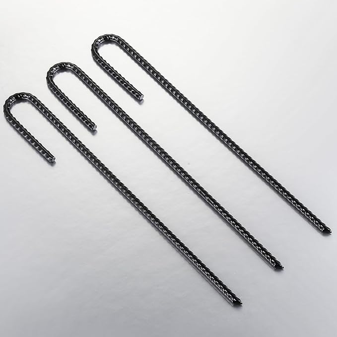 Rebar U/J Hook Extra Heavy Duty, 12 inch x 1/4 inch Rust Proof Coated Steel Ground Anchors for Garden, Tent, Trampoline (50pcs, J-Hook)