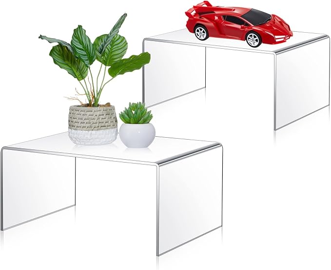 2 Pcs 10 Inch, 12 Inch Large Acrylic Risers Display Stands 5 mm Thick Acrylic Shelf Riser Showcase for Collectibles Jewelry Cupcakes Food Figures Perfume Cabinet (Clear)