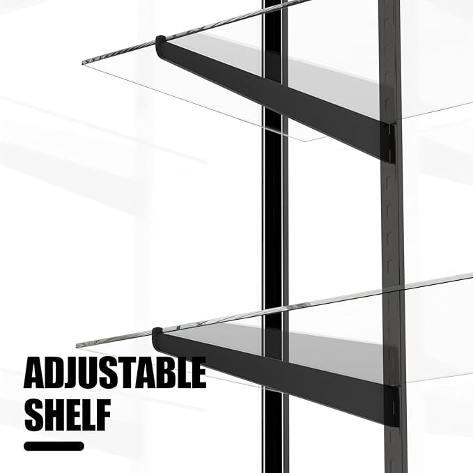 70”D * 20”W * 38”H - Freestanding Retail LED Full Vision Glass Display Case, Black Aluminum Frame, Two Adjustable Height Tempered Glass Shelves