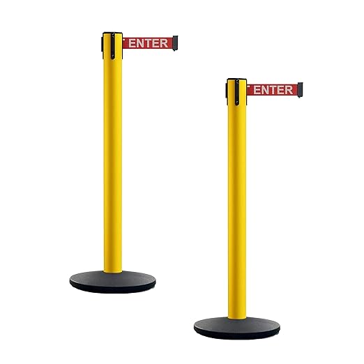 Montour Line MI650 Set of 2 Retractable Belt Barrier Stanchion, Cast Iron Base, Yellow Post (16 ft Red with"Caution - DO NOT Enter" White Letters Belt)