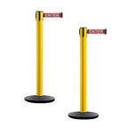 Montour Line MI650 Set of 2 Retractable Belt Barrier Stanchion, Cast Iron Base, Yellow Post (16 ft Red with"Caution - DO NOT Enter" White Letters Belt)