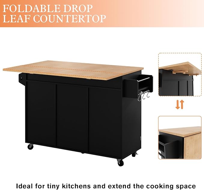 HLR Kitchen Island On Wheels, Black Rolling Kitchen Island Cart with Drop Leaf Countertop, Barn Door Kitchen Islands Table with Storage Cabinet and Tower Rack, Island Table for Kitchen