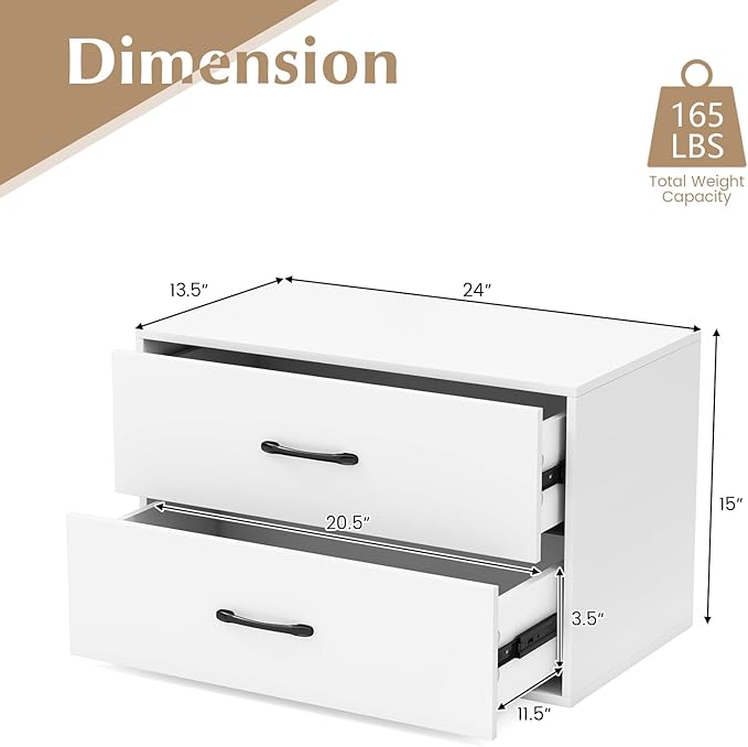 GOFLAME Stackable 2-Drawer Dresser Set of 2, Wood Horizontal Storage Organizer with Metal Handle & Smooth Sliders, Lateral File Cabinet with Anti-tilt Kit for Bedroom Office, White
