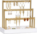 SANY DAYO HOME 3-Tier Earring Holder Organizer Stand, 105 Holes Gold Metal Earring Rack Jewelry Display Tree with White Wood Tray for Women and Girls