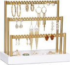 SANY DAYO HOME 3-Tier Earring Holder Organizer Stand, 105 Holes Gold Metal Earring Rack Jewelry Display Tree with White Wood Tray for Women and Girls